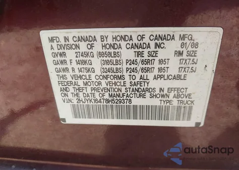 2008 Honda Ridgeline Rts z USA, uszkodzony, nr VIN 2HJYK16478H529378